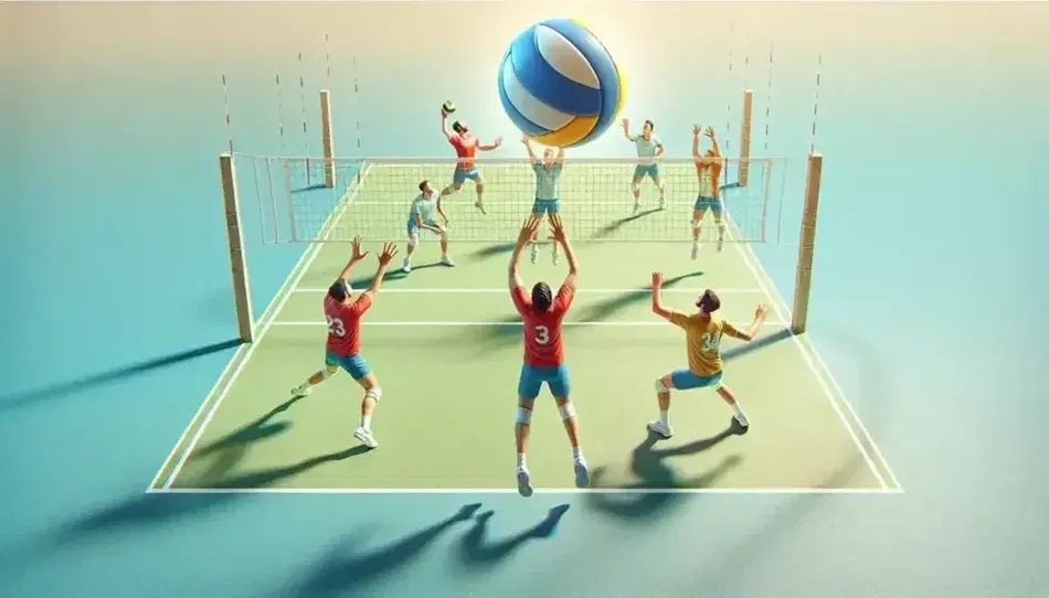 Partita di pallavolo in corso con giocatori in divise rosse e gialle in azione, palla in volo sopra la rete e pubblico sfocato sullo sfondo.