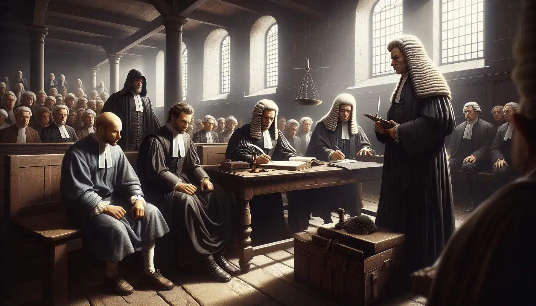 Scena di tribunale dell'Antico Regime con giudice in toga, imputato legato, avvocato in parrucca e giuria attenta.