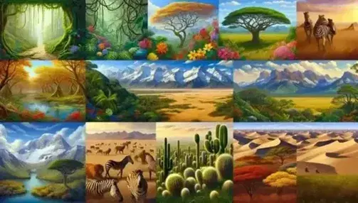 Eco landscape mosaic with tropical rainforest, golden savannah, snow-capped mountains, desert with cactus and autumn temperate forest.
