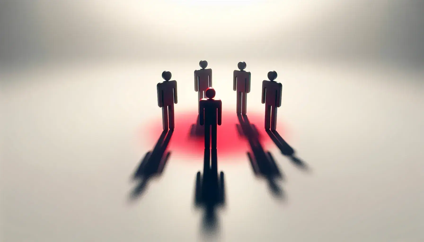 Five black human silhouettes in a semicircle in front of a central red silhouette on a light background, symbolizing diversity or leadership.