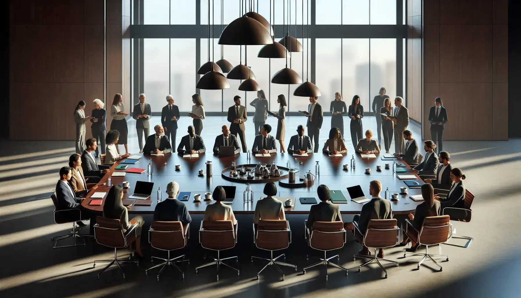 Grupo diverso de personas en reunión de trabajo alrededor de una mesa ovalada con laptops, tablets, móviles y libretas, en una sala iluminada con grandes ventanas.