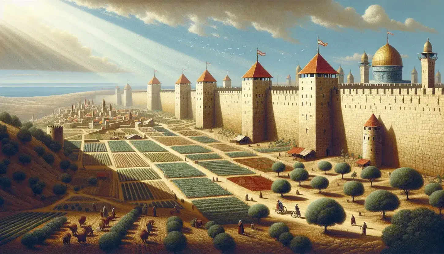 Veduta panoramica di Gerusalemme rinascimentale con mura e torri beige, tetti rossi, campi verdi, cielo azzurro e sole caldo.