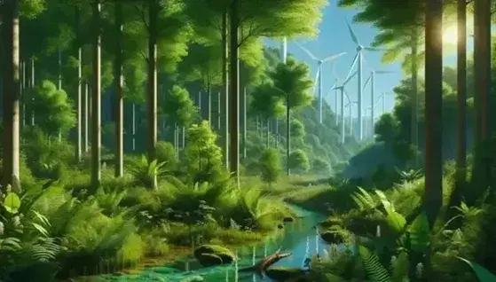 Lush green forest with clear stream, ferns and white wind turbines in the distance under a blue sky.