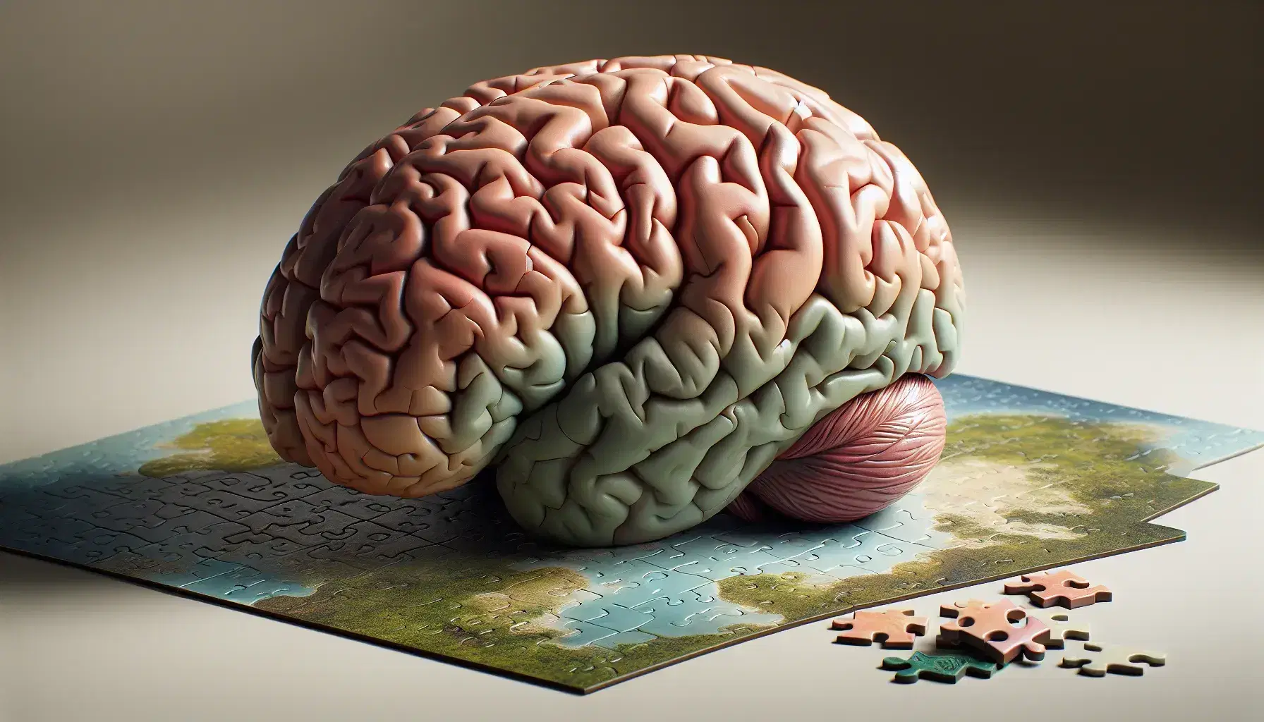 Detailed model of left brain hemisphere on neutral background next to incomplete puzzle with landscape, soft lighting.