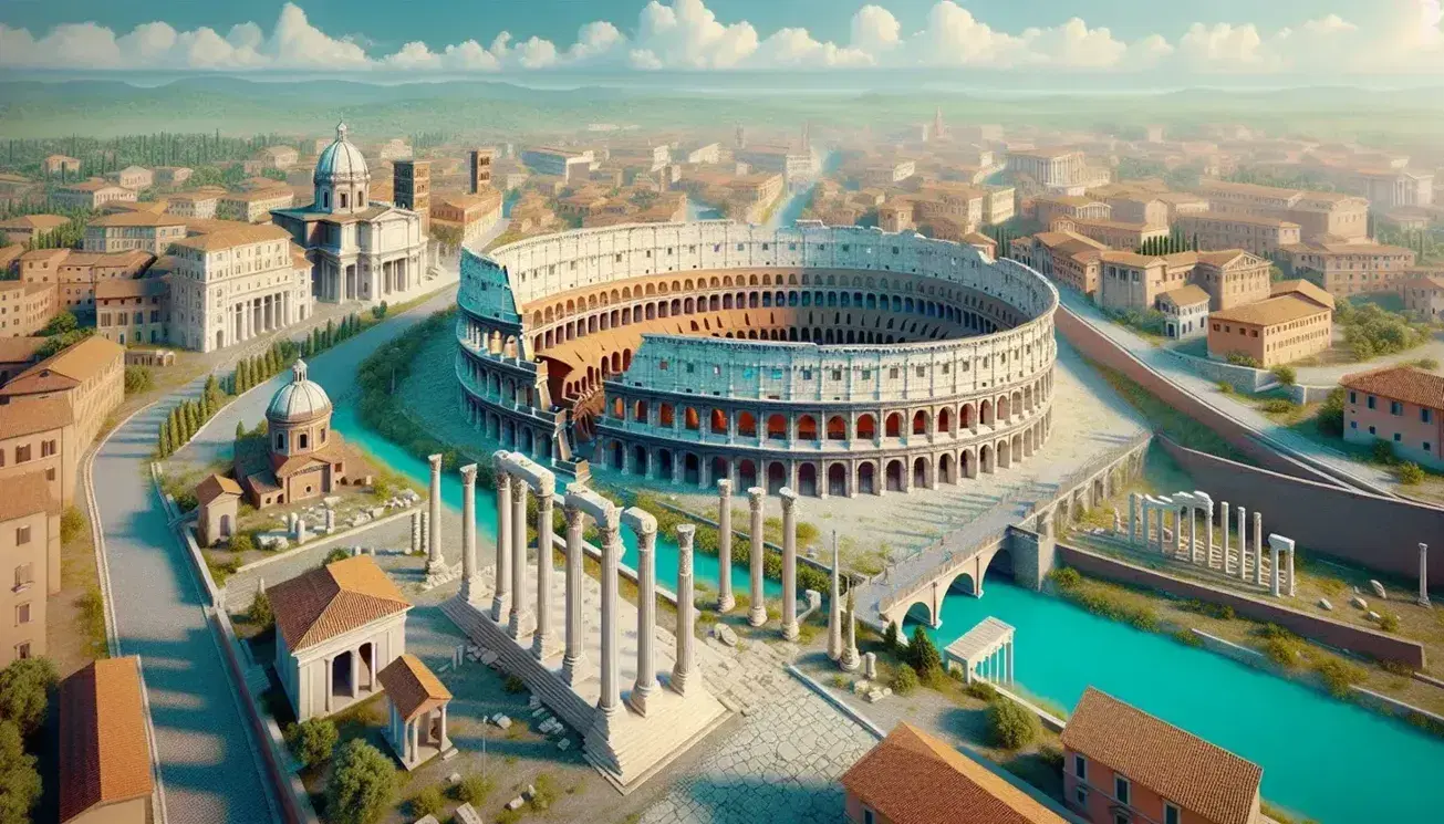 Reconstrucción 3D a color del apogeo de Roma con el Coliseo en el centro, rodeado de edificios, templos y un puente sobre el río Tíber.