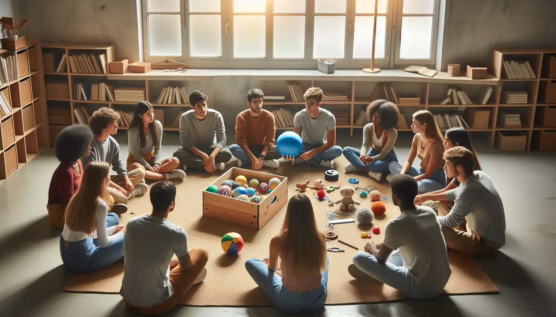 Grupo diverso de estudiantes sentados en círculo en un aula, interactuando con juguetes sensoriales y una caja de madera, bajo una luz natural que crea un ambiente cálido.