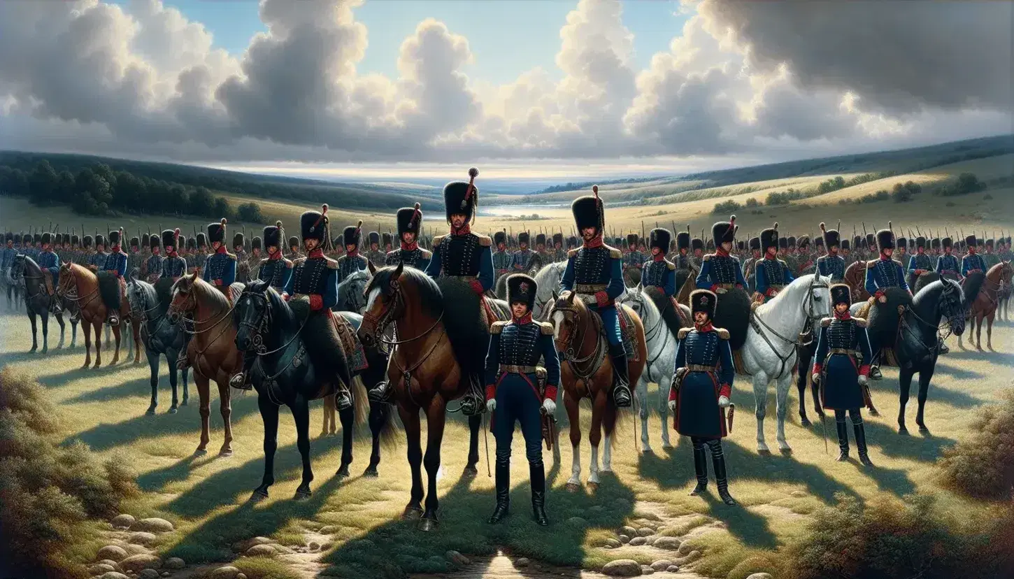 Grupo de figuras en uniformes militares vintage a caballo, con chaquetas azules, detalles rojos y sombreros con plumas, en un paisaje de colinas verdes.