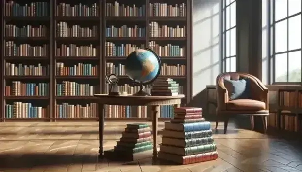 Biblioteca luminosa con estanterías de madera oscura llenas de libros, mesa con globo terráqueo y lupa, y silla con cojín rojo.