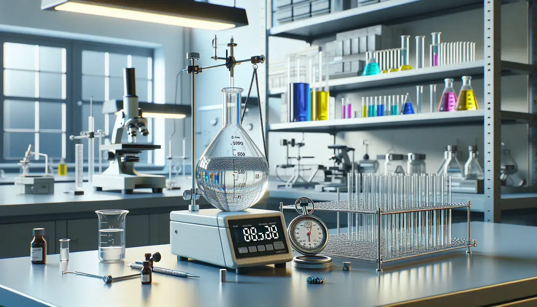 Laboratorio de física con instrumentos científicos, matraz Erlenmeyer en trípode, cronómetro digital, balanza analítica y tubos de ensayo con líquidos de colores en estante.