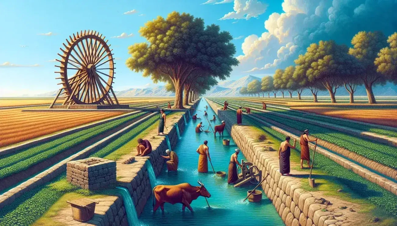 Campo agricolo babilonese antico con sistema di irrigazione, lavoratori che puliscono canali, bue vicino a noria e strutture in lontananza.