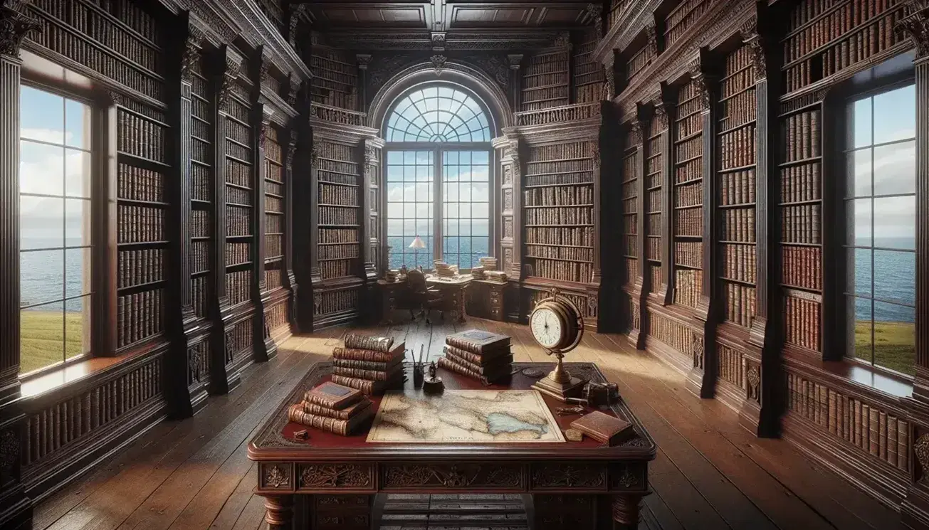 Biblioteca storica con scaffali in legno scuro pieni di libri, scrivania con mappa antica, bussola in ottone e orologio a pendolo.