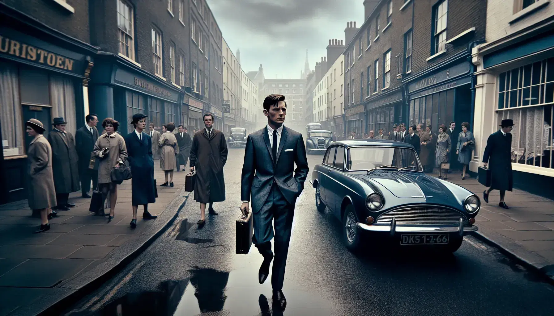 1960s British street scene with a determined man in a suit carrying a briefcase, surrounded by people and vintage cars under an overcast sky.