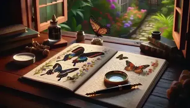 Scrivania in legno con quaderno aperto che mostra disegni di farfalle colorate, penna stilografica, inchiostro e lente d'ingrandimento, con vista su giardino.