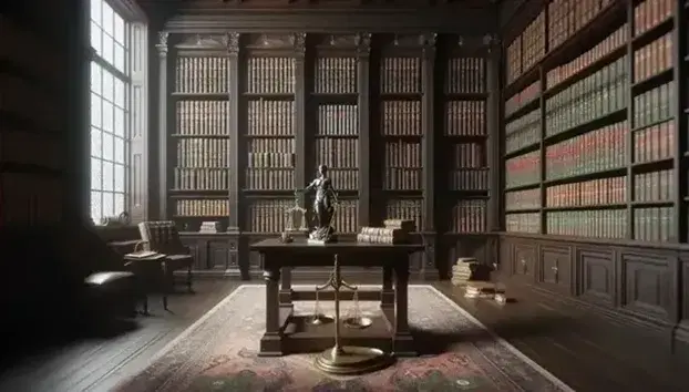 Biblioteca clásica con estanterías de madera oscura llenas de libros encuadernados en cuero, balanza de justicia de bronce y escultura de mármol de la justicia, iluminada por luz natural.