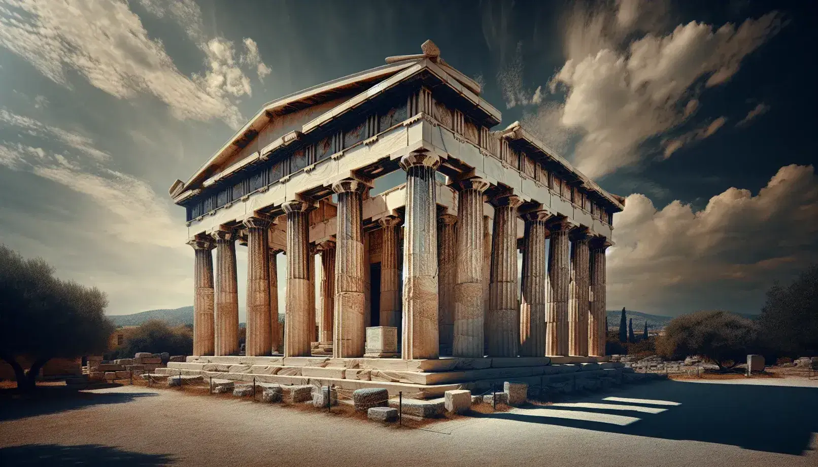Tempio di Efesto nell'agorà di Atene, con colonne doriche e friso con triglifi sotto un cielo azzurro, circondato da vegetazione.