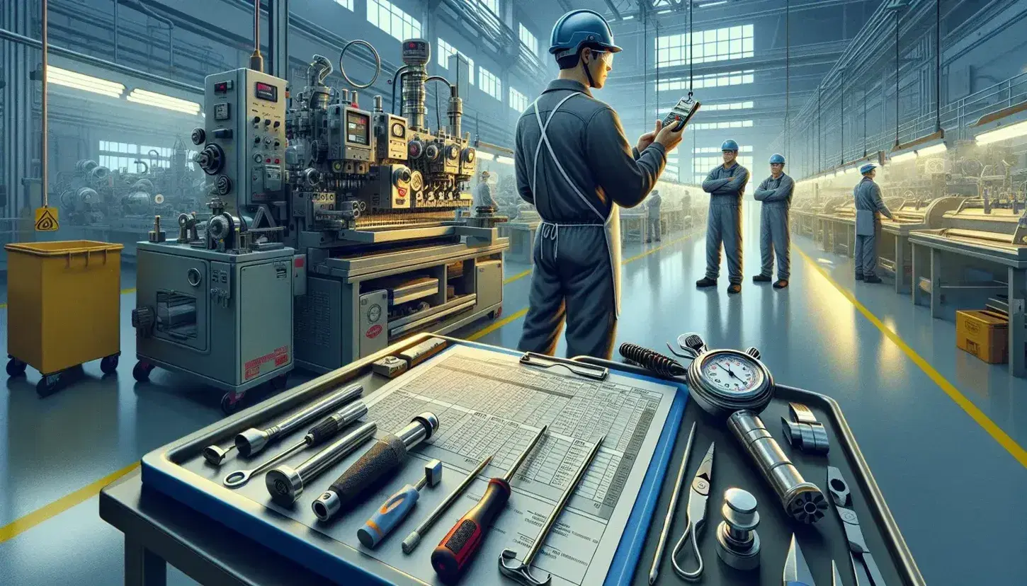 Persona con equipo de seguridad cronometrando procesos en taller industrial, con herramientas en mesa de trabajo y operarios al fondo.