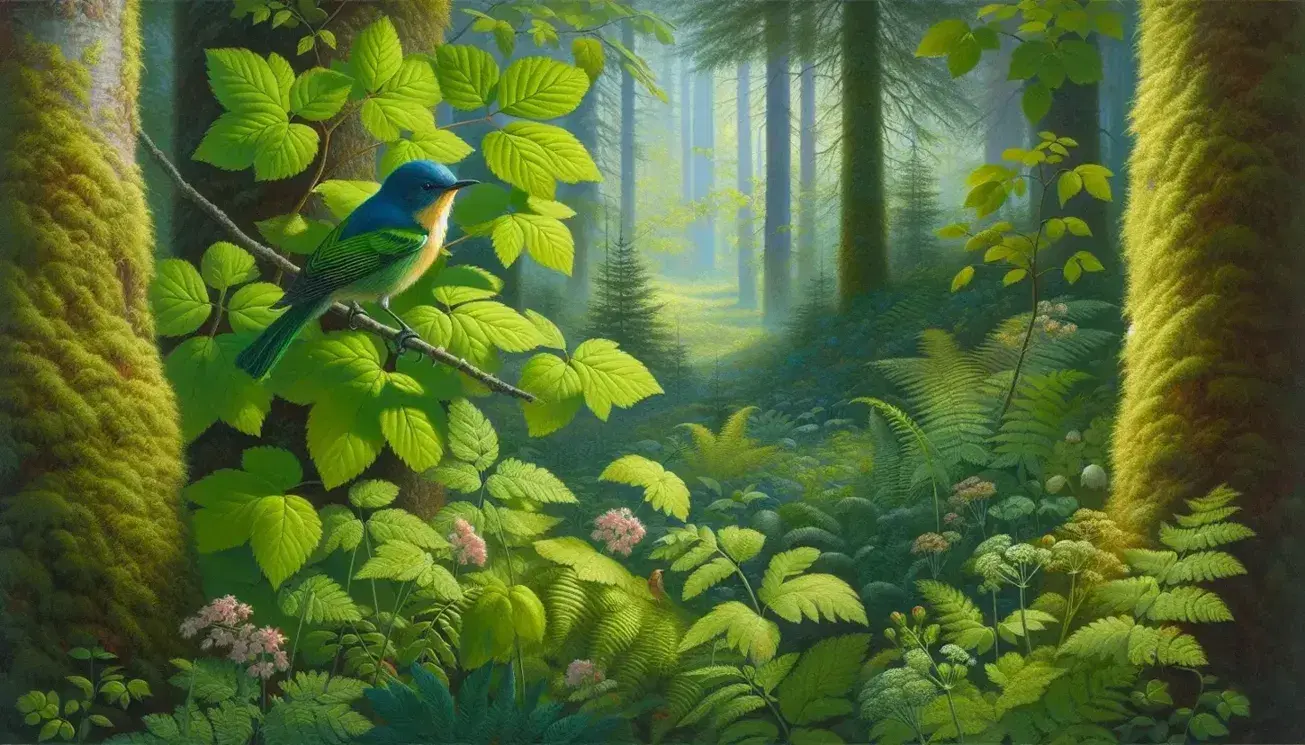 Vibrant bird with blue head, yellow belly, and green-red tipped wings perched in a lush forest with pink and white flowers.