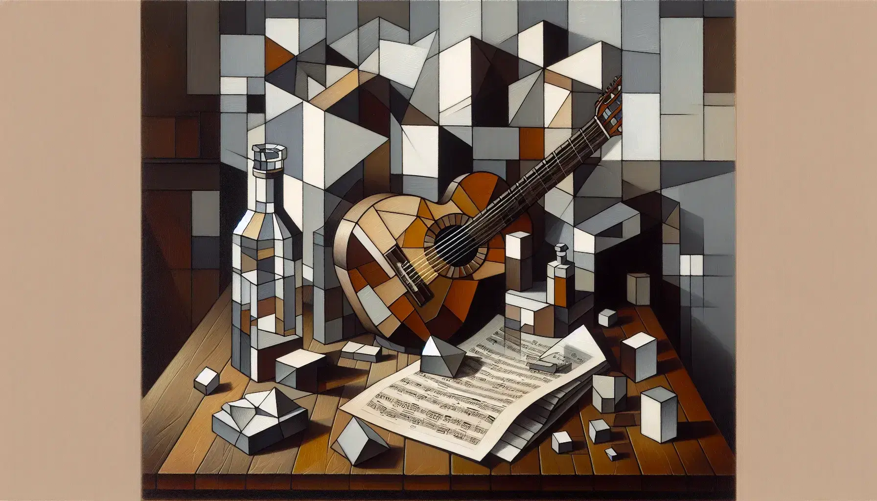 Bodegón al óleo estilo cubista con guitarra facetada, botella geométrica y periódico en tonos tierra sobre mesa marrón, juego de sombras y luz.