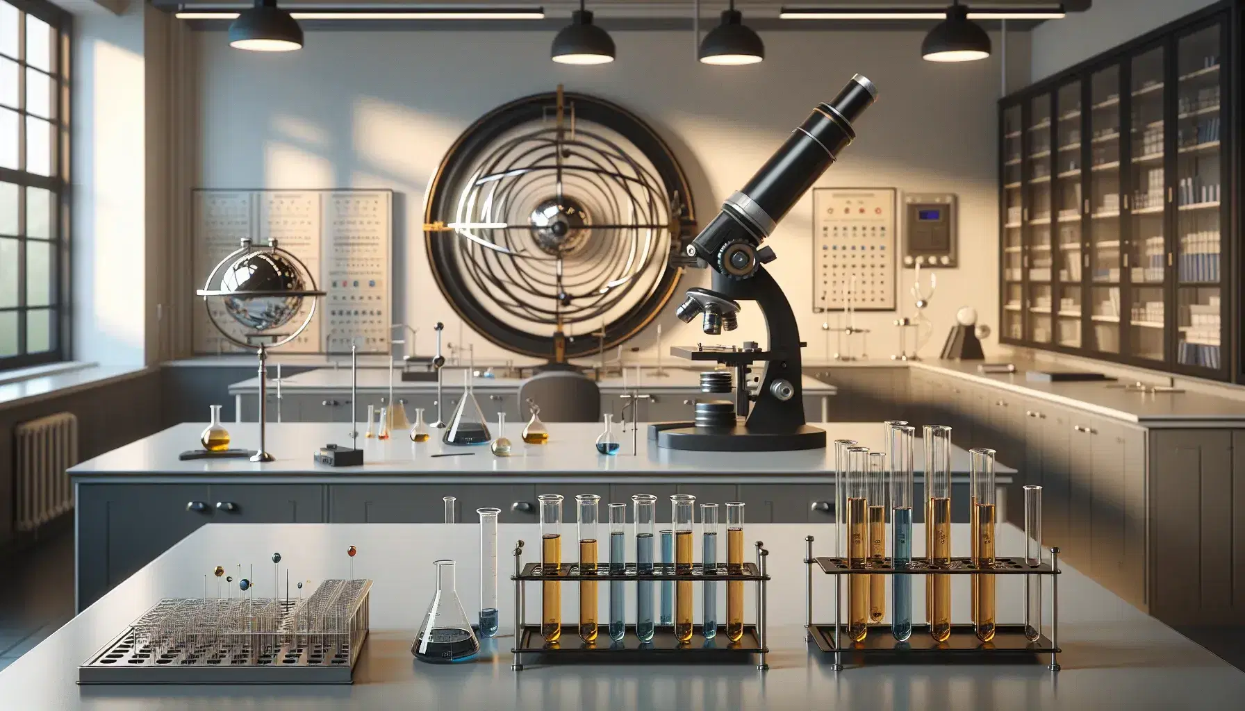 Laboratorio de física moderno con microscopio, tubos de ensayo con líquidos de colores, telescopio astronómico y esfera armilar, sin personas.