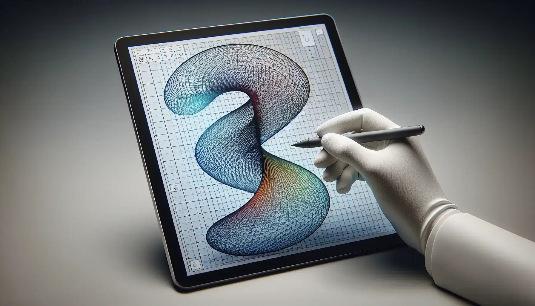 Three-dimensional wireframe model of a complex surface held beside a tablet with a colorful 3D graph, against a plain background, with soft lighting.