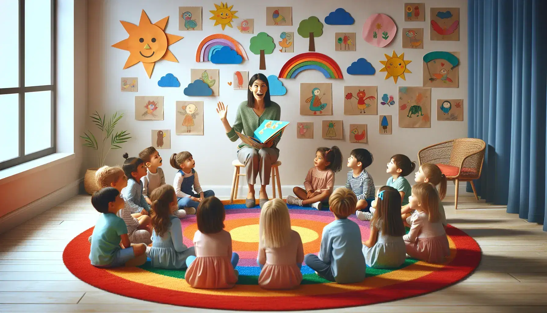 Niños atentos sentados en alfombra multicolor escuchando a mujer leyendo un libro, con pared decorada con dibujos infantiles en fondo.