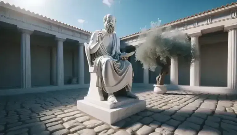 Estatua de mármol blanco de Sócrates con la mano izquierda levantada en un jardín clásico con columnas y un olivo, bajo un cielo azul despejado.