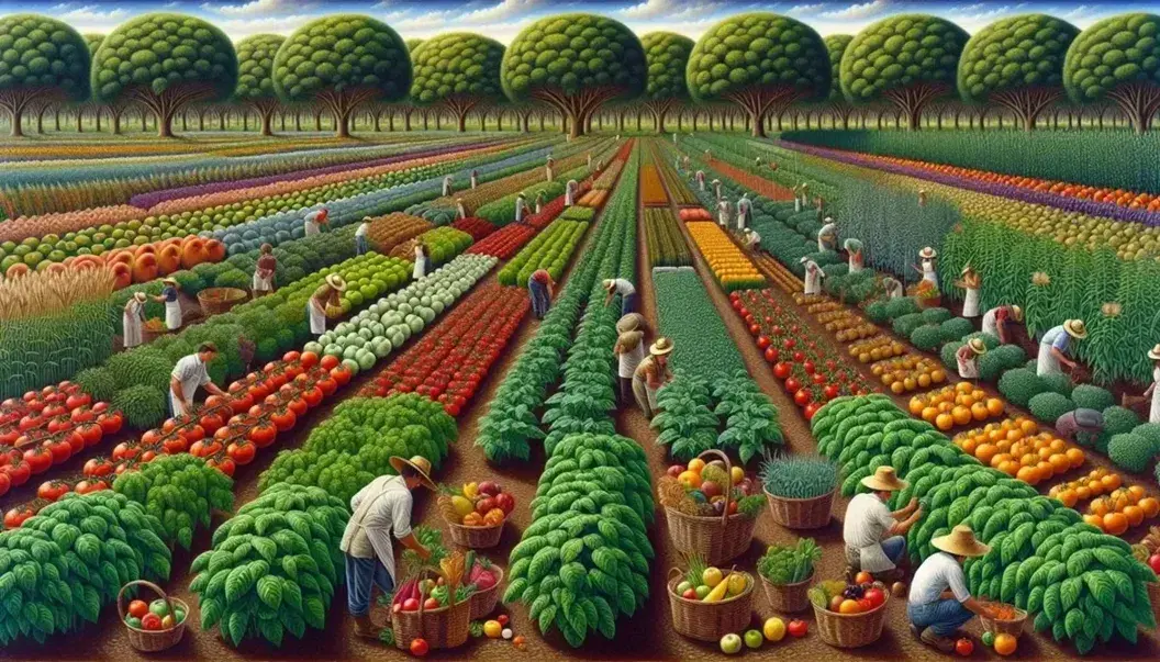 Campo agricolo rigoglioso con diversi raccolti, contadini che raccolgono prodotti, alberi da frutto e polli al pascolo sotto un cielo azzurro.