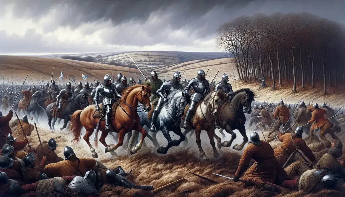 Armored horsemen charge in the Northern Rebellion of 1569, amidst a melee of foot soldiers and a serene English countryside backdrop.