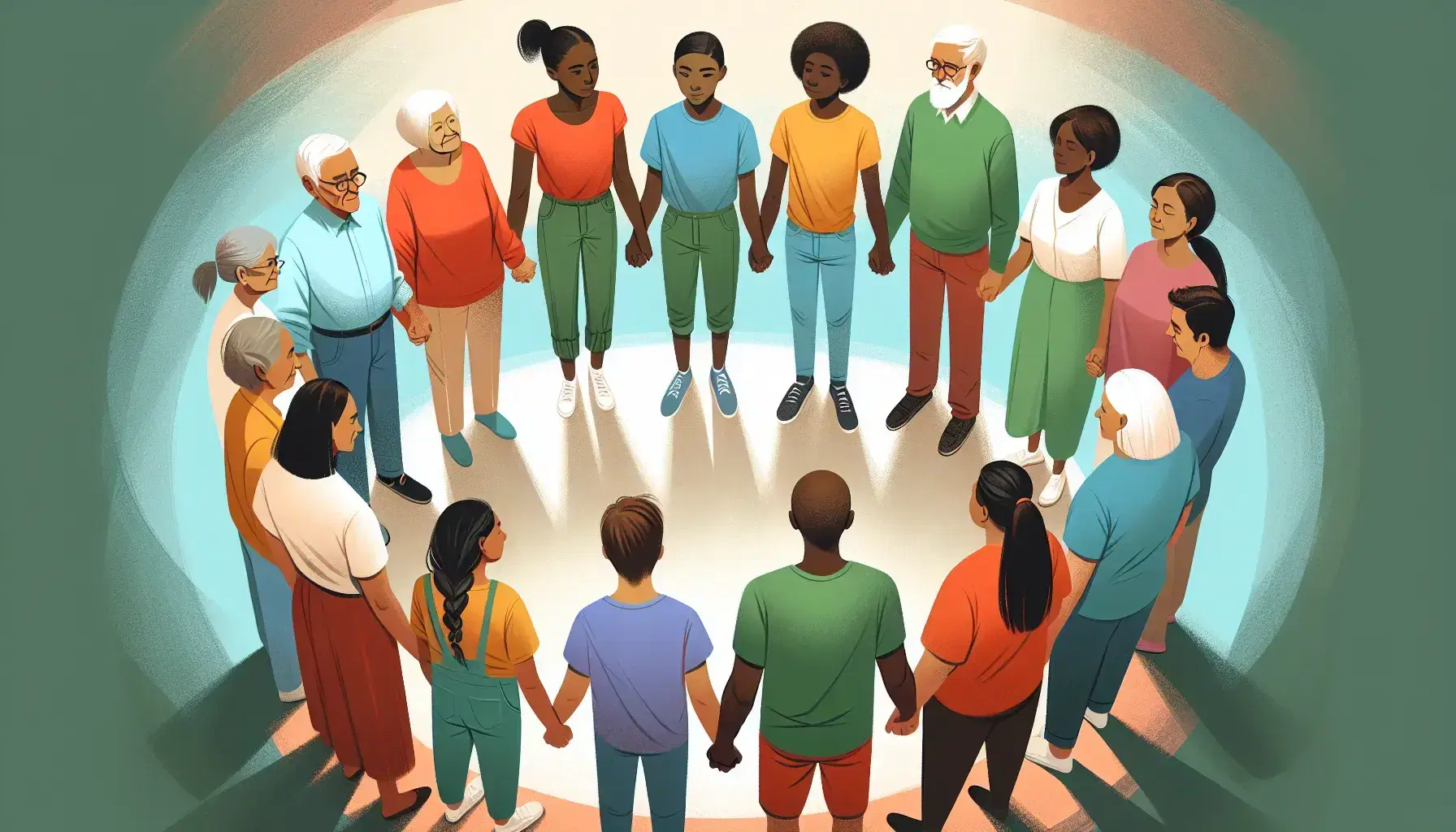 Multi-ethnic group of people of different ages and genders holding hands in a circle, wearing colorful clothing on a blue-green gradient background.