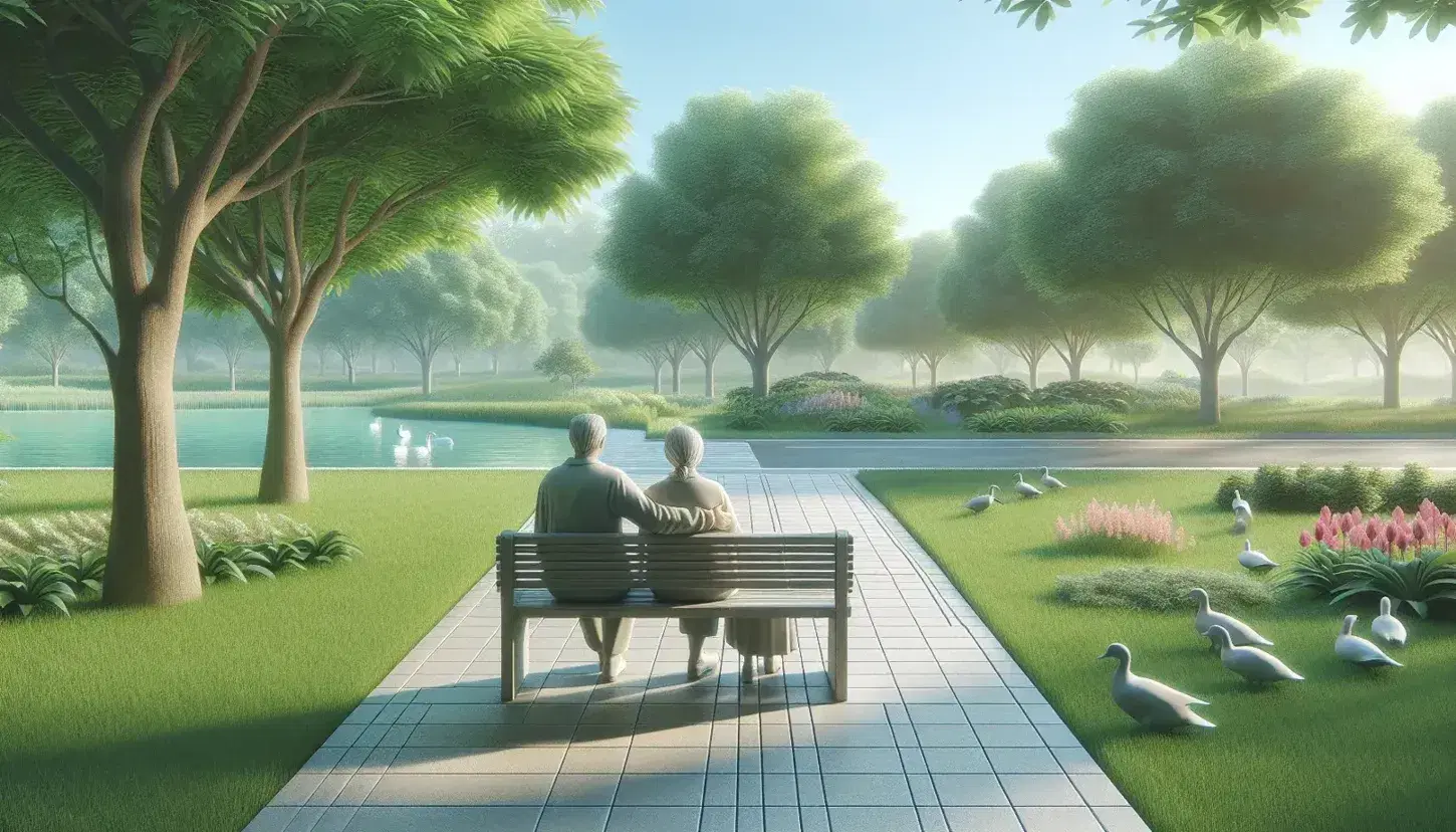 Two adults sitting on a bench in a quiet park, with path, green trees, blue sky and a pond with ducks.