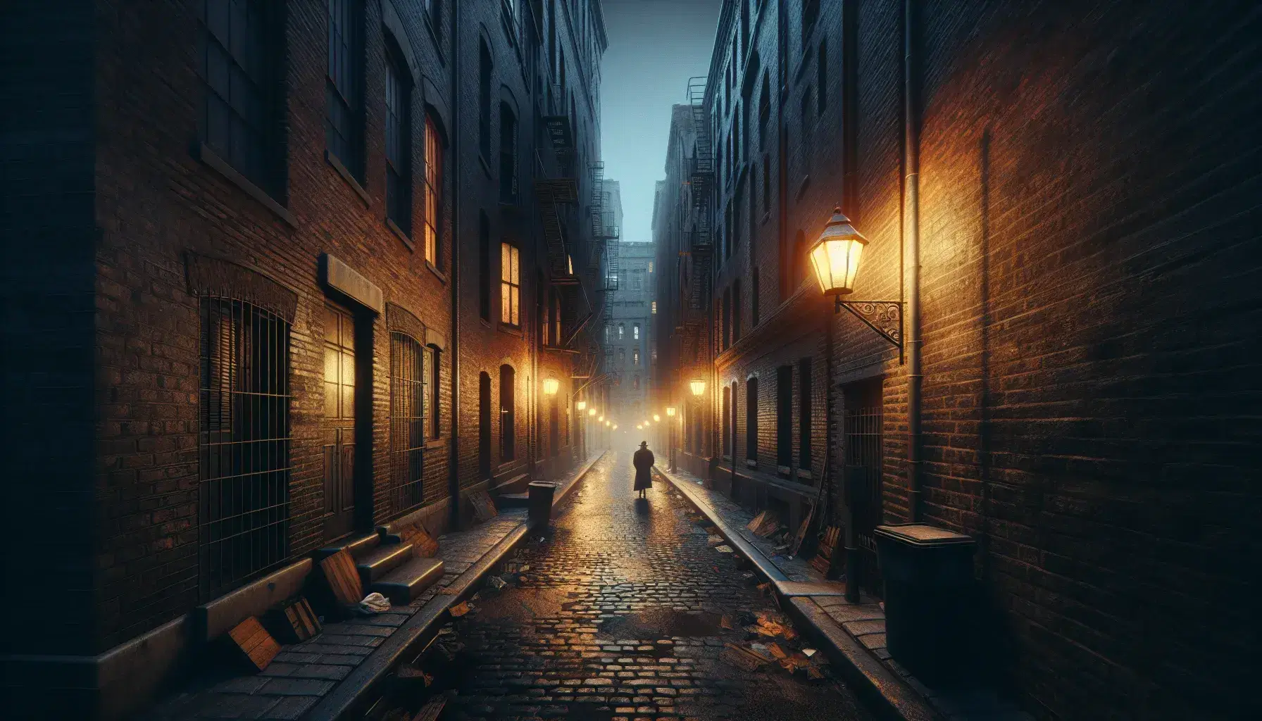 Dimly lit cobblestone alleyway at dusk with vintage street lamp and lone man walking, surrounded by weathered brick buildings under a starry sky.