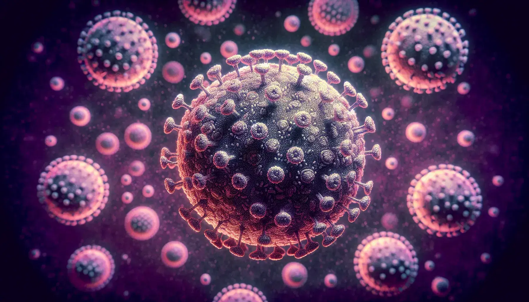 High-magnification microscopic view of spherical arenaviruses with grainy interiors and club-shaped spikes on a gradient purple backdrop, illustrating their unique structure.