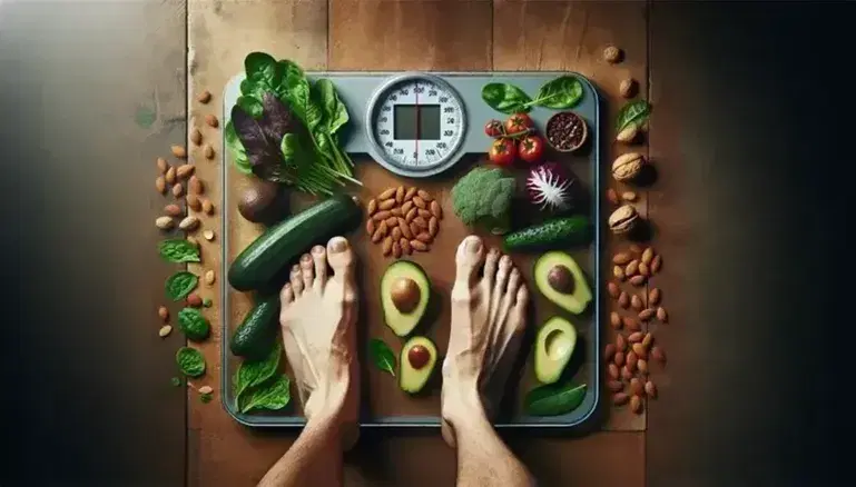 Bilancia digitale grigia con piedi di persona su pavimento in legno, accanto a verdure fresche, peperoni colorati, avocado e frutta secca.