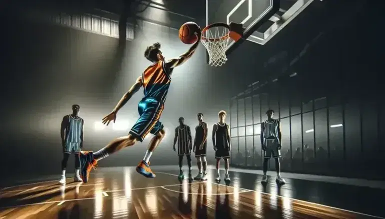 Giocatore di basket in salto per tiro a canestro su parquet lucido, con divisa blu-arancione e pallone in mano, sfondo sfocato con altri giocatori.