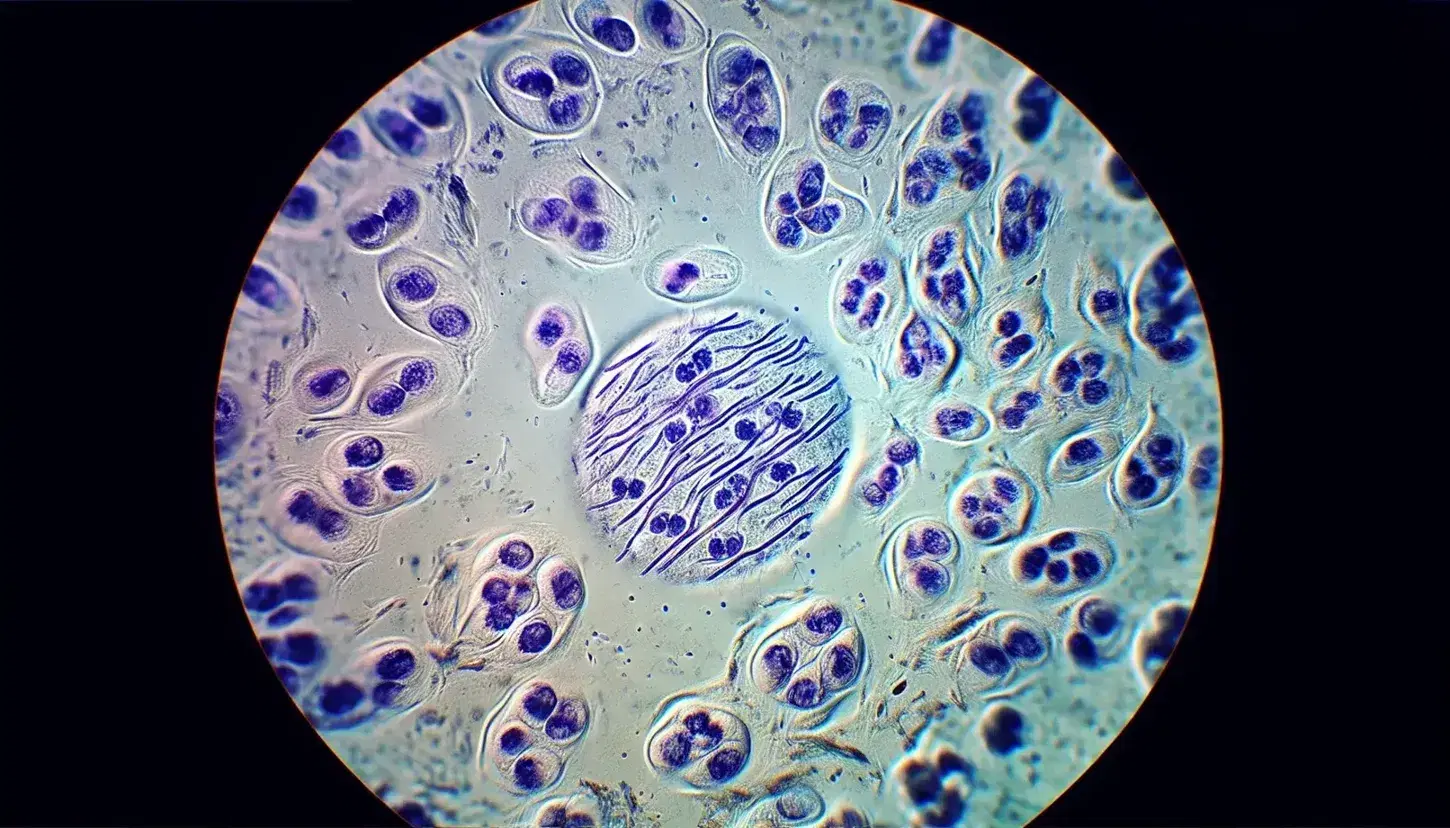 Células en diferentes etapas del ciclo celular bajo microscopio óptico, destacando una en metafase con cromosomas alineados y teñidos en tonos azul-púrpura.