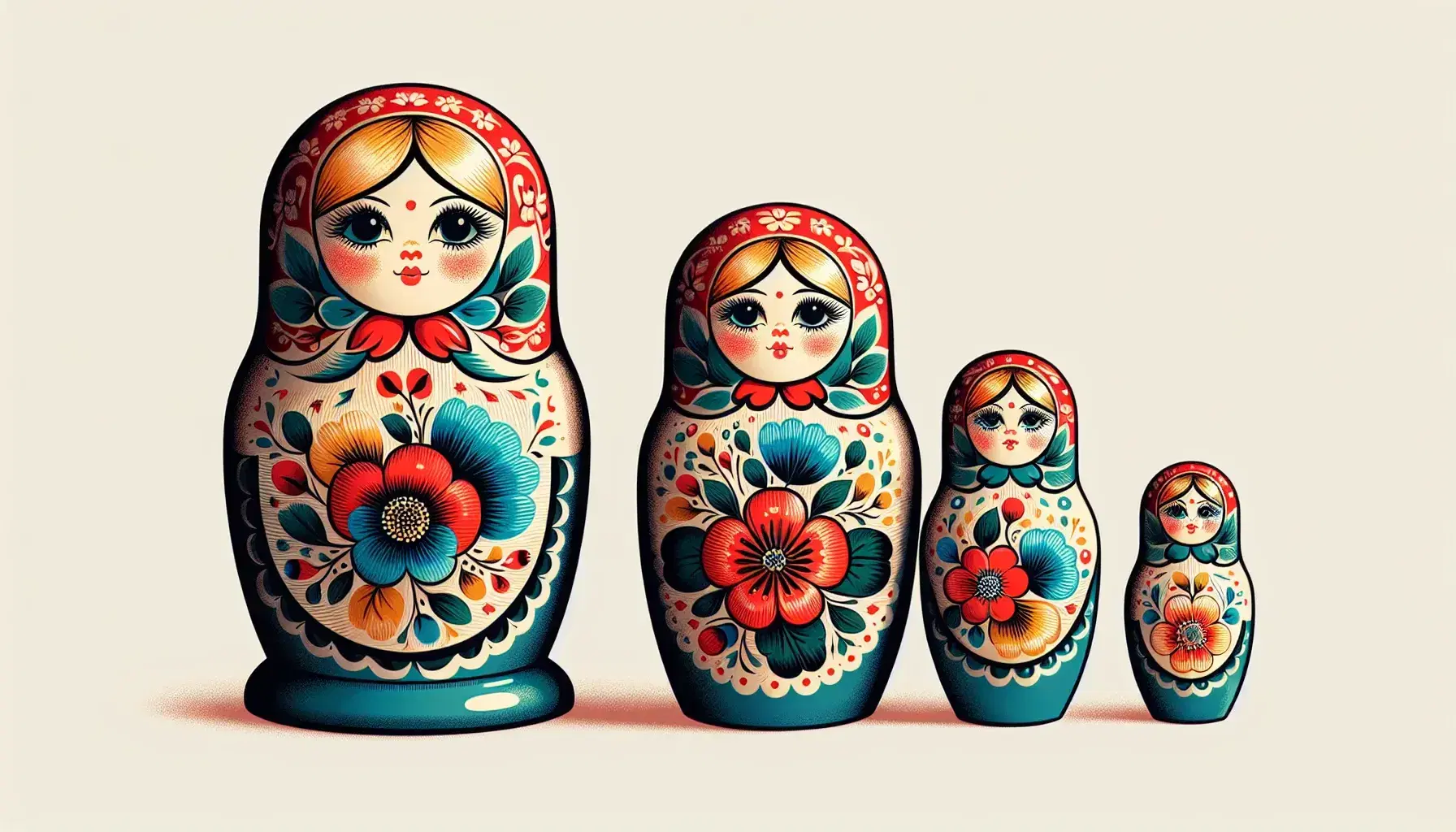 Three stacked Russian matryoshka dolls, with floral decorations in red, blue, green and yellow, on a light background.