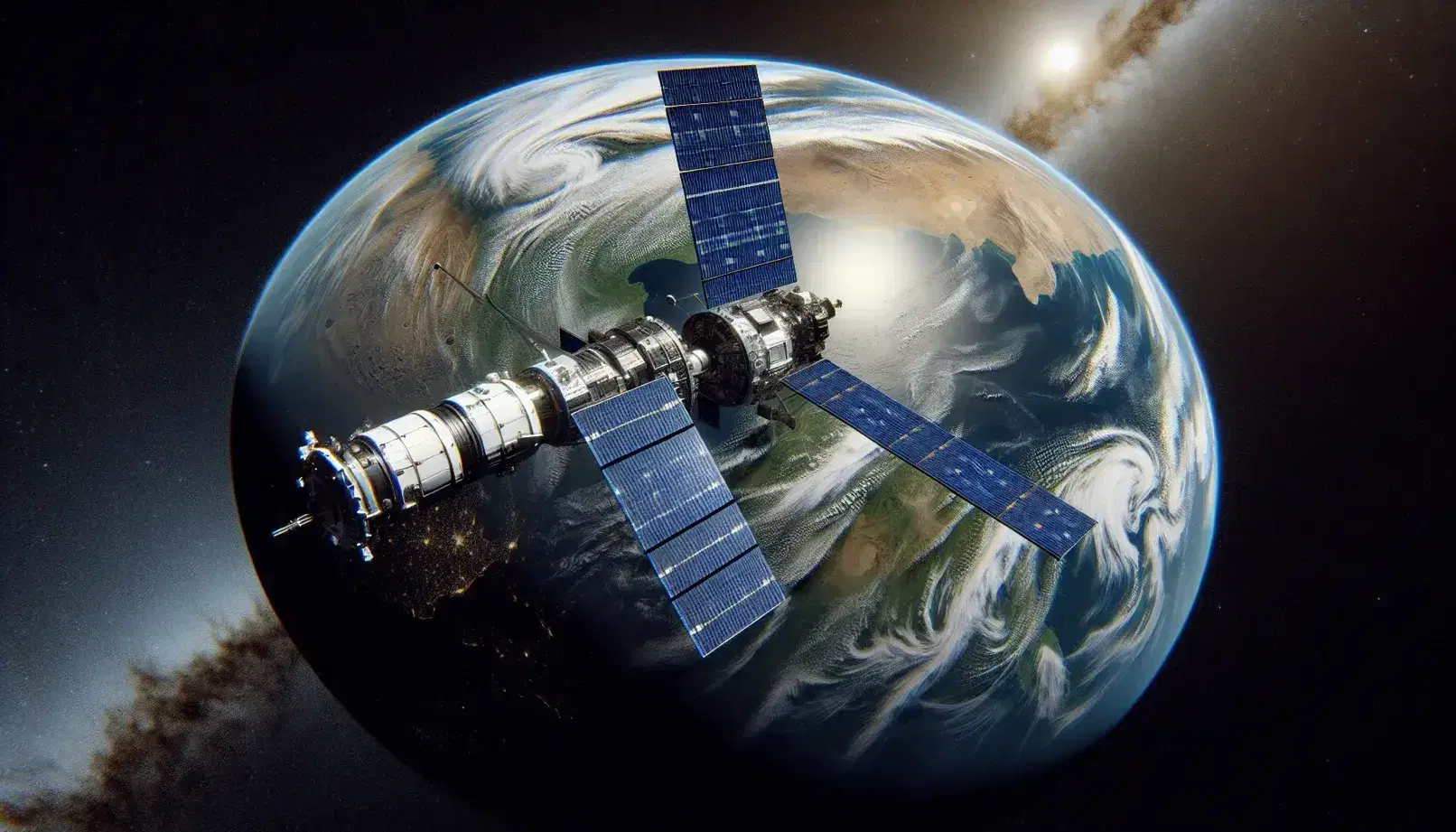 Sleek spacecraft with extended solar panels orbits a vibrant planet with swirling clouds and blue oceans, against a starry space backdrop.