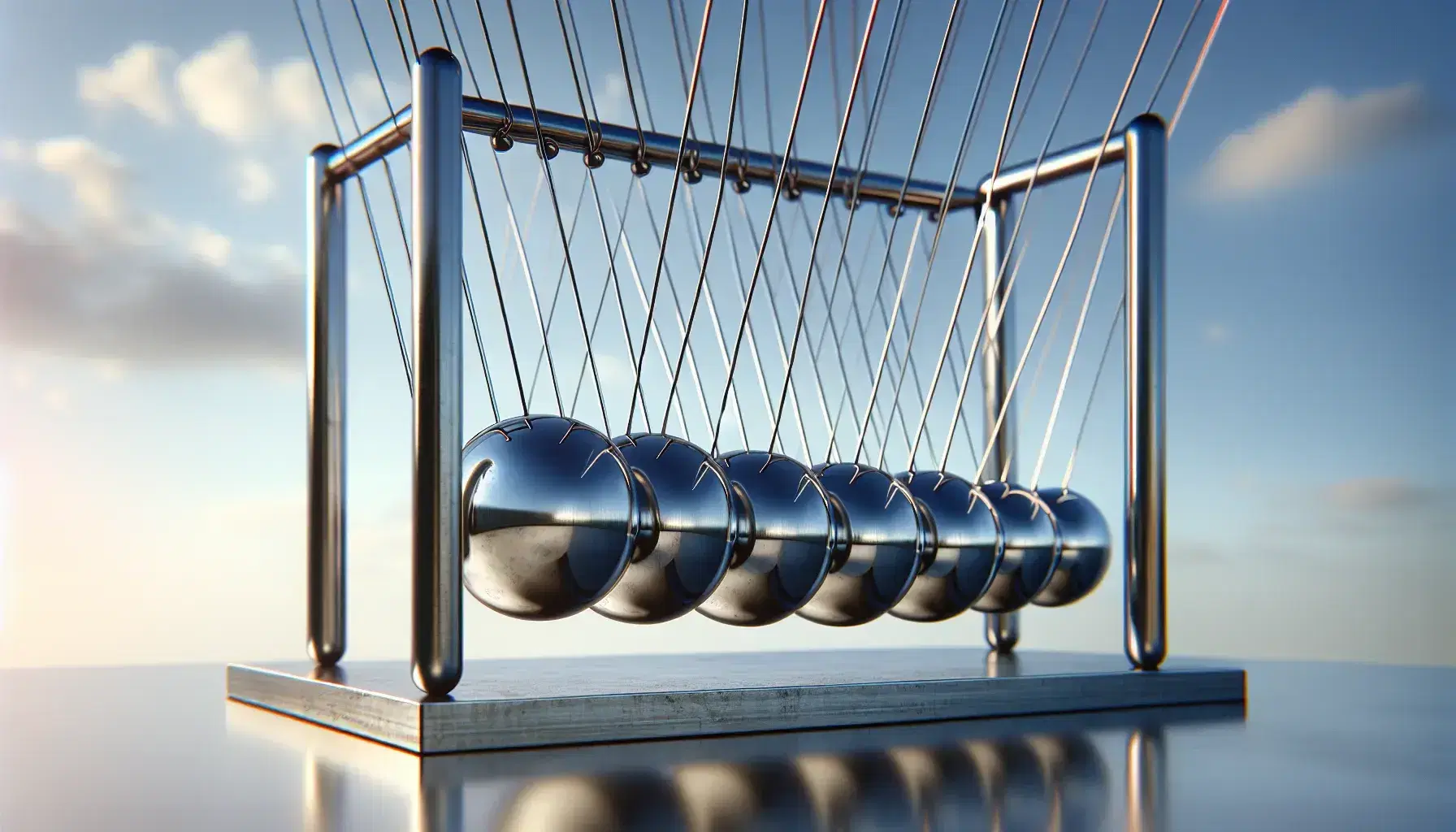 Classic Newton's cradle with suspended shiny metallic balls, one raised ready to swing, on blue sky background with clouds.