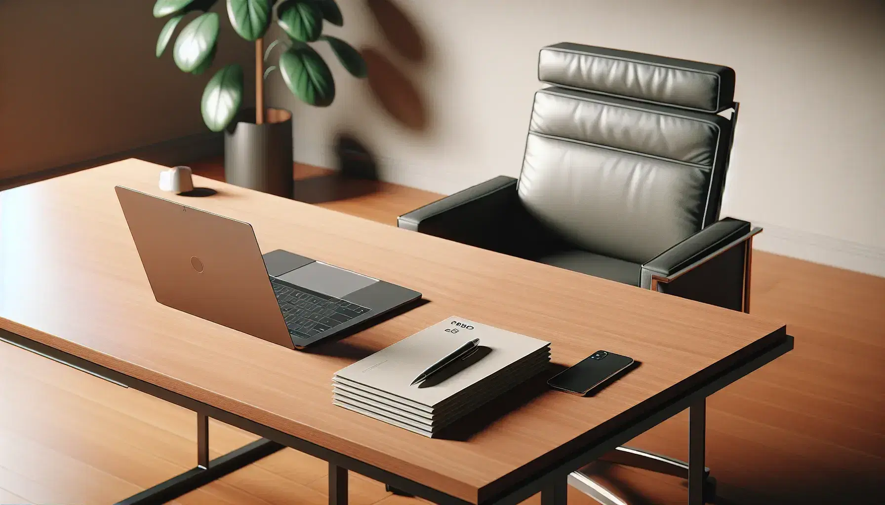 Polished wooden desk with modern silver laptop, stack of papers with black pen, dark leather office chair, and potted plant in a well-lit office.