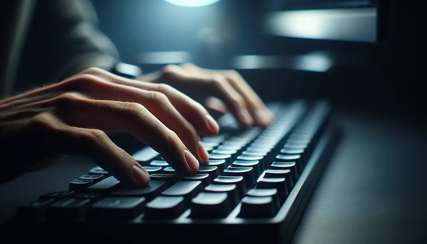 Close-up of a black modern computer keyboard with male hands on QWERTY letters, blurred background with screen on.