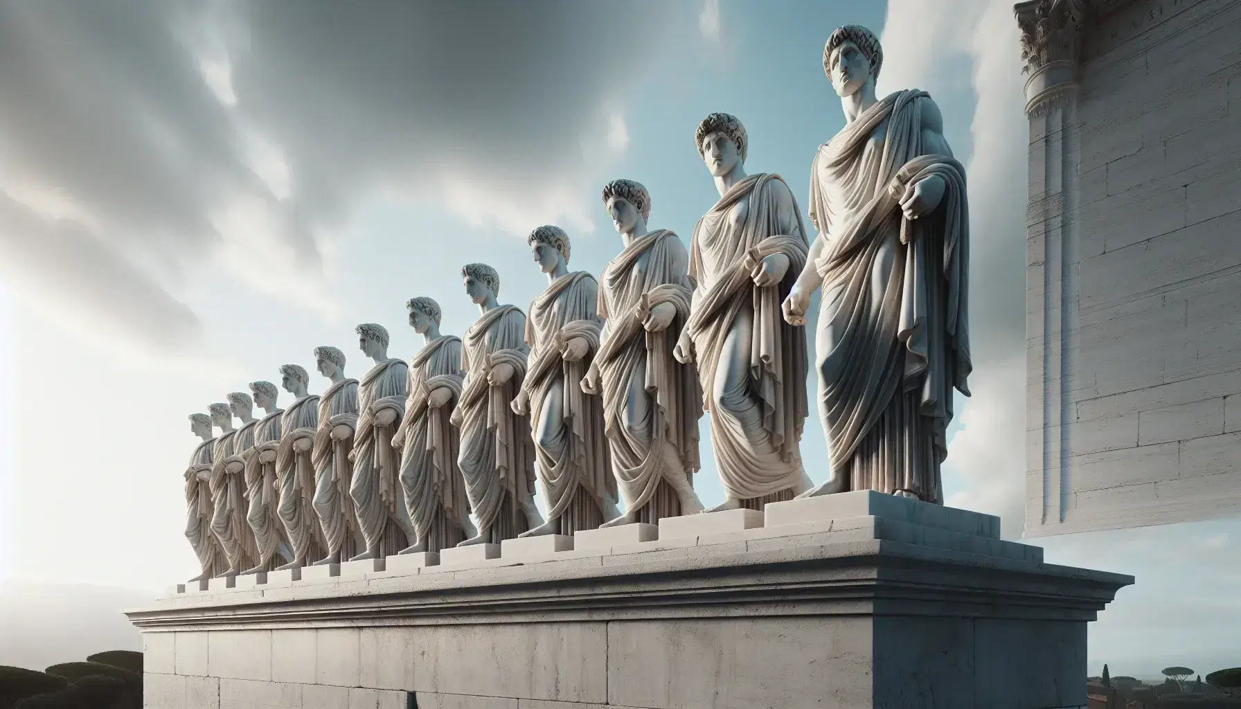 Statue in marmo di figure maschili in toga della Repubblica Romana su piedistallo, con fasces, sotto cielo azzurro con rovine antiche.