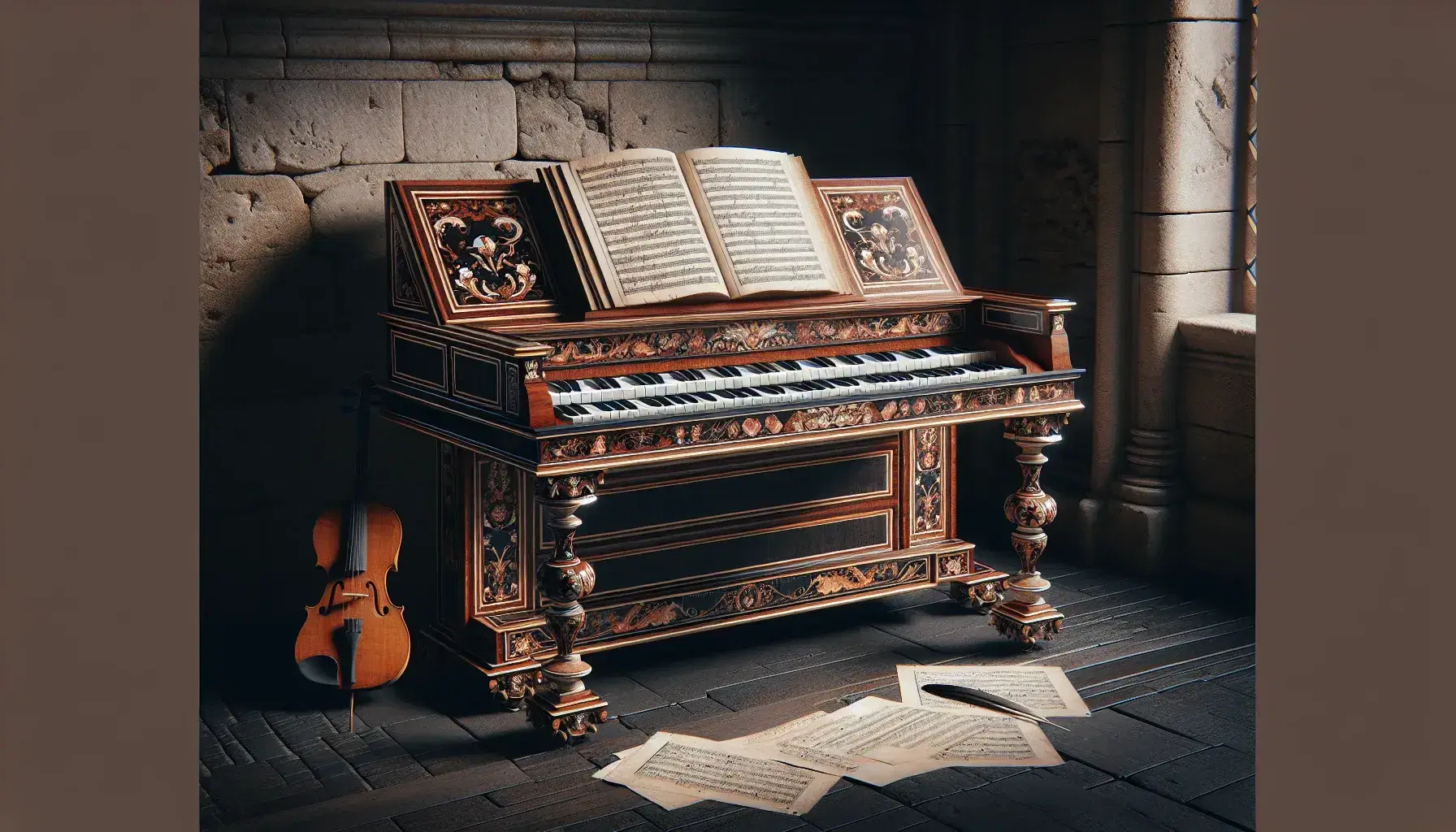 Clavicembalo barocco con intarsi e decorazioni dorate, tastiera visibile, spartito aperto e penna d'oca su inchiostro, viola da gamba con arco in ambiente storico illuminato naturalmente.