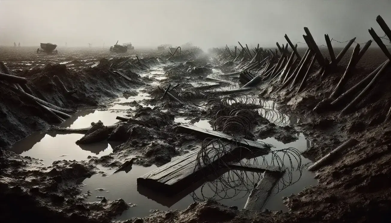 Desolate WWI Ypres battlefield with muddy shell craters, twisted barbed wire, broken duckboards, an abandoned helmet, and shattered tree silhouettes.