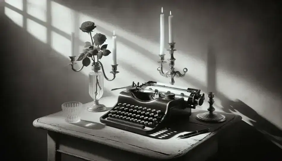 Fotografía en blanco y negro de una máquina de escribir vintage sobre mesa de madera, con candelabro y vela encendida al lado y una rosa roja en jarrón de cristal.