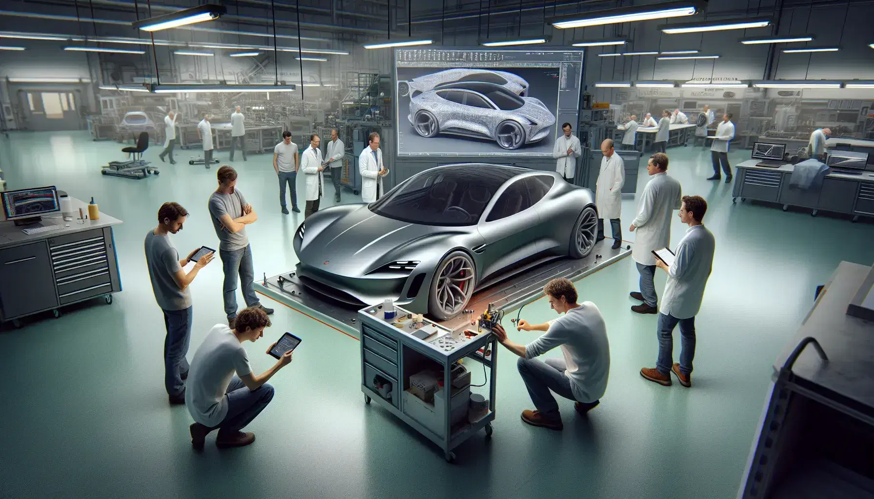 Equipo de ingenieros automotrices trabajando en prototipo de coche aerodinámico en estudio de diseño, con herramientas de medición y tabletas electrónicas.
