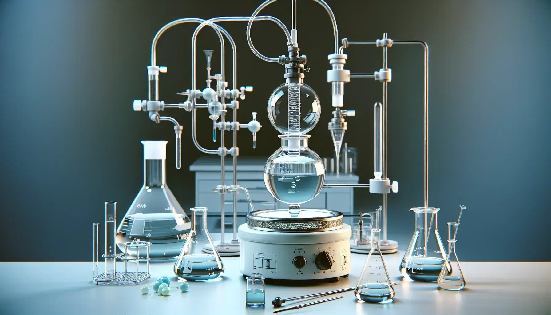 Chemistry laboratory with distillation equipment, colored Erlenmeyer flasks and magnetic stirrer in operation.
