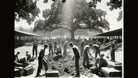 Black and white photograph from the 1930s showing young men from the Civilian Conservation Corps working outdoors with shovels and picks.