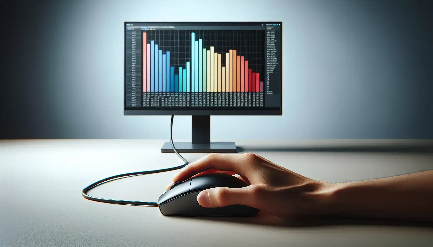 Mano sujetando ratón de computadora negro sobre superficie clara con monitor mostrando gráfico de barras colorido sin texto.
