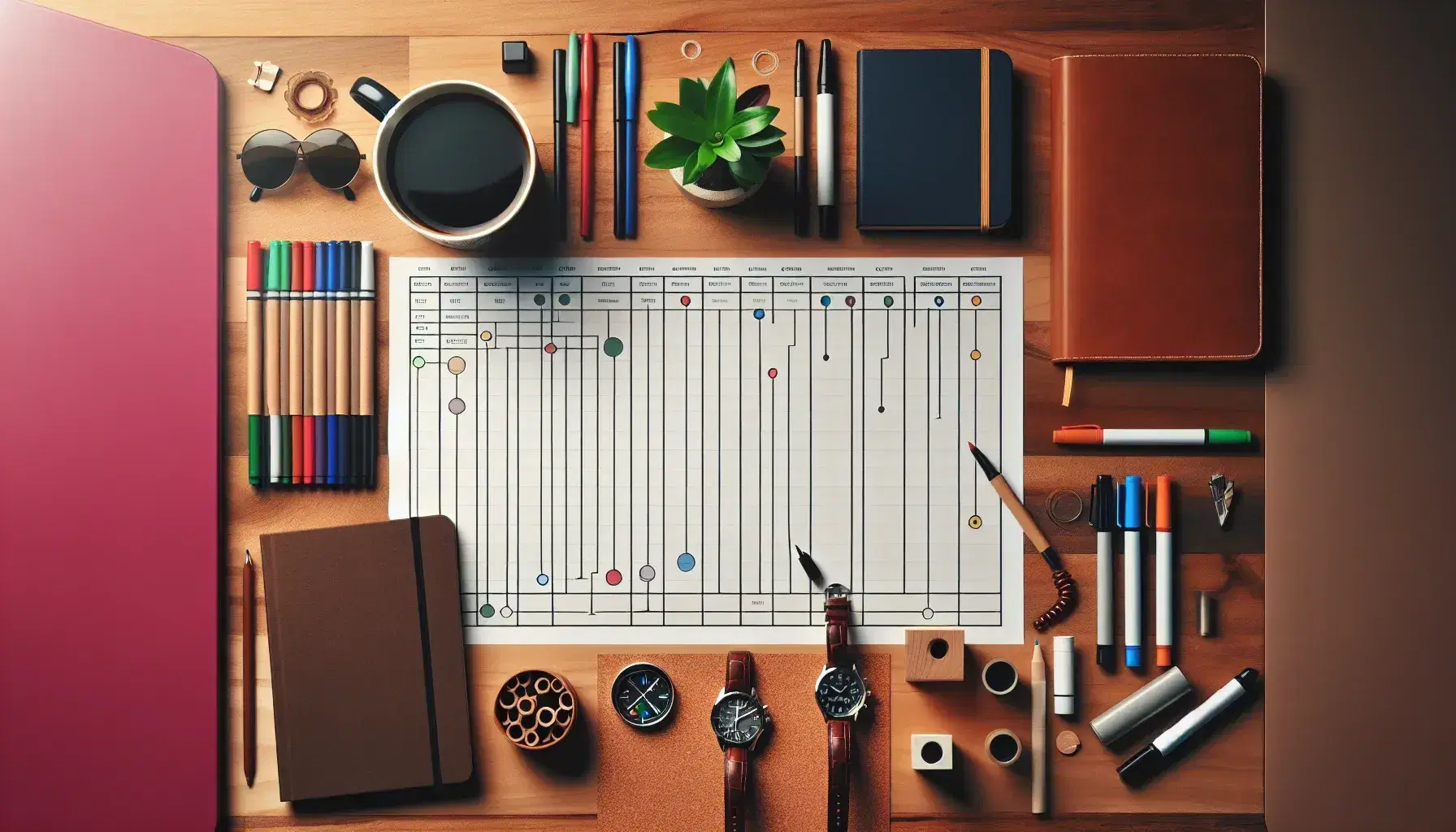 Vista aérea de un espacio de trabajo con papel de Gantt en blanco, marcadores de colores, reloj, planta, taza de café y cuaderno en una mesa iluminada.