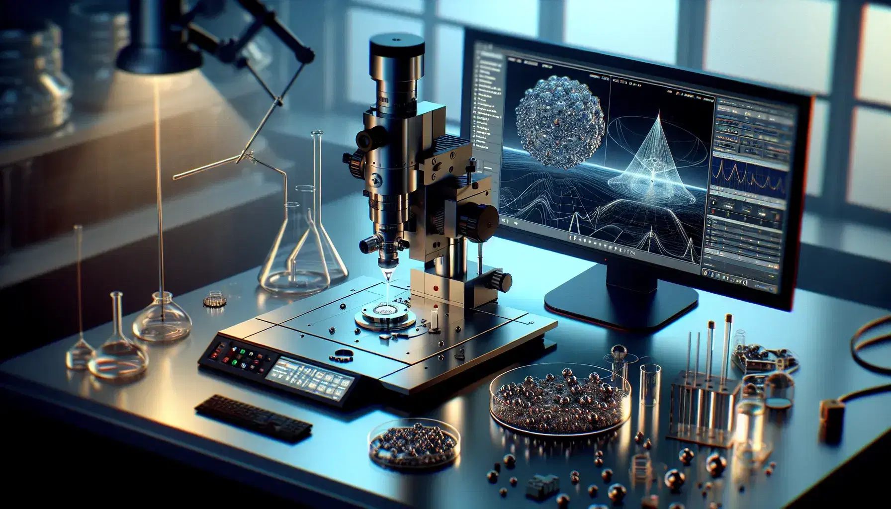 Modern scanning tunneling microscope in a lab with a connected computer displaying a 3D graph, petri dish with magnetic beads, and scientific tools on a wooden bench.